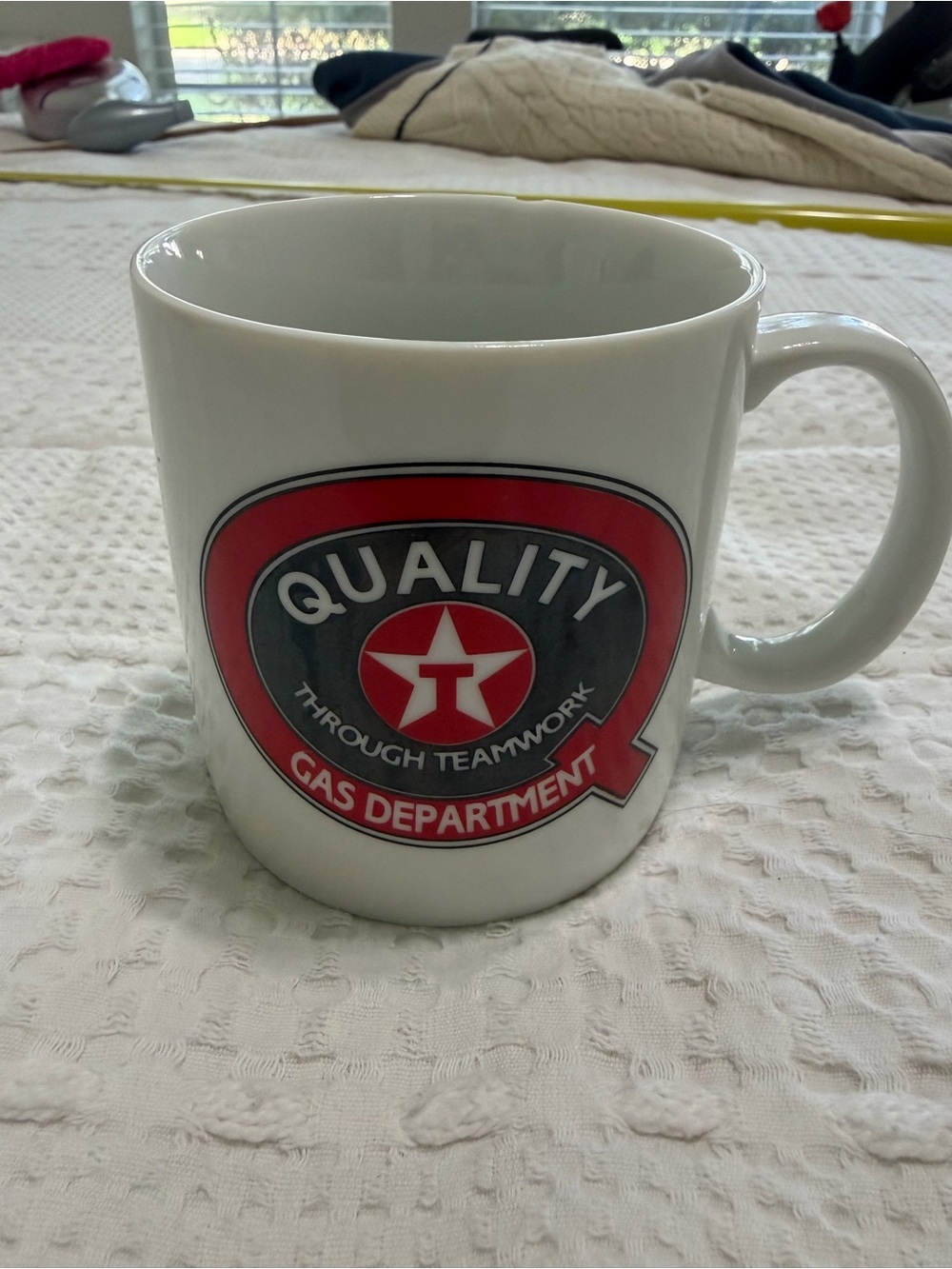 Quality Gas Department White Ceramic Mug with Red and Black Logo